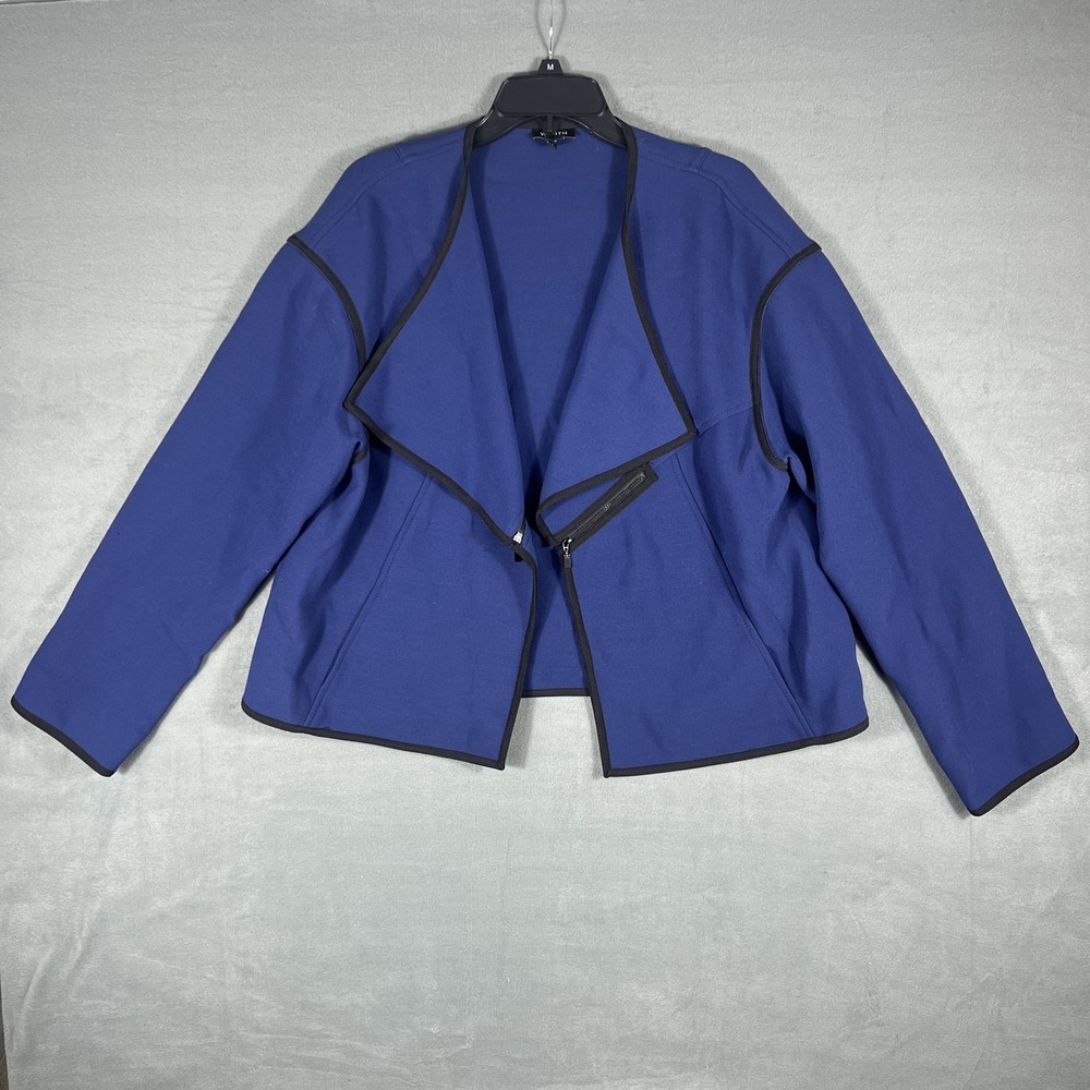 WORTH New York Women's Size L Blue Asymmetrical Zipper Jacket Blazer Black Trim
